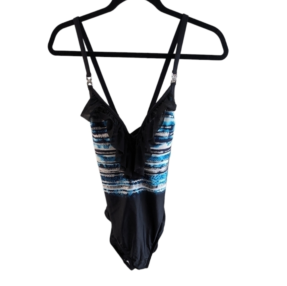 Simon chang bathing suit one piece with crossed straps in back. Size 10/30
